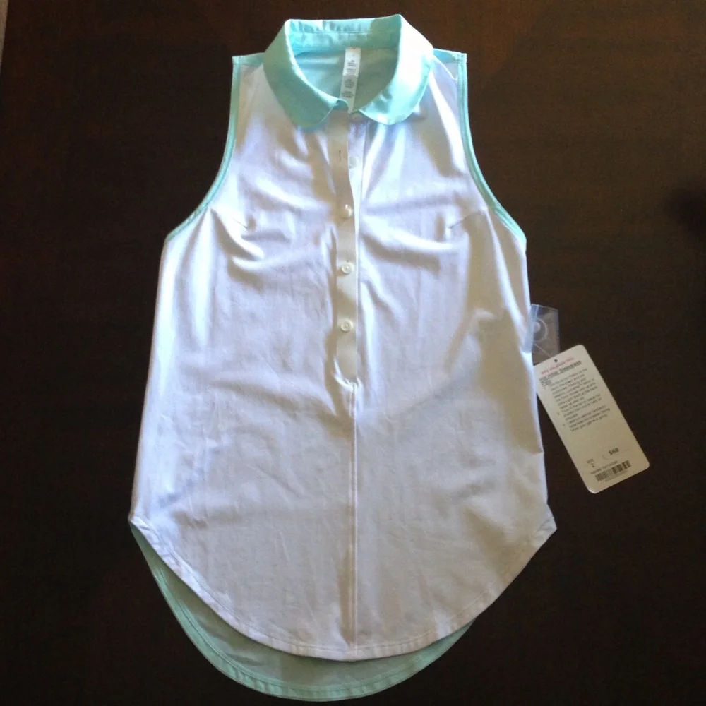 lululemon athletica White Sleeveless Button Tank with Mint Collar